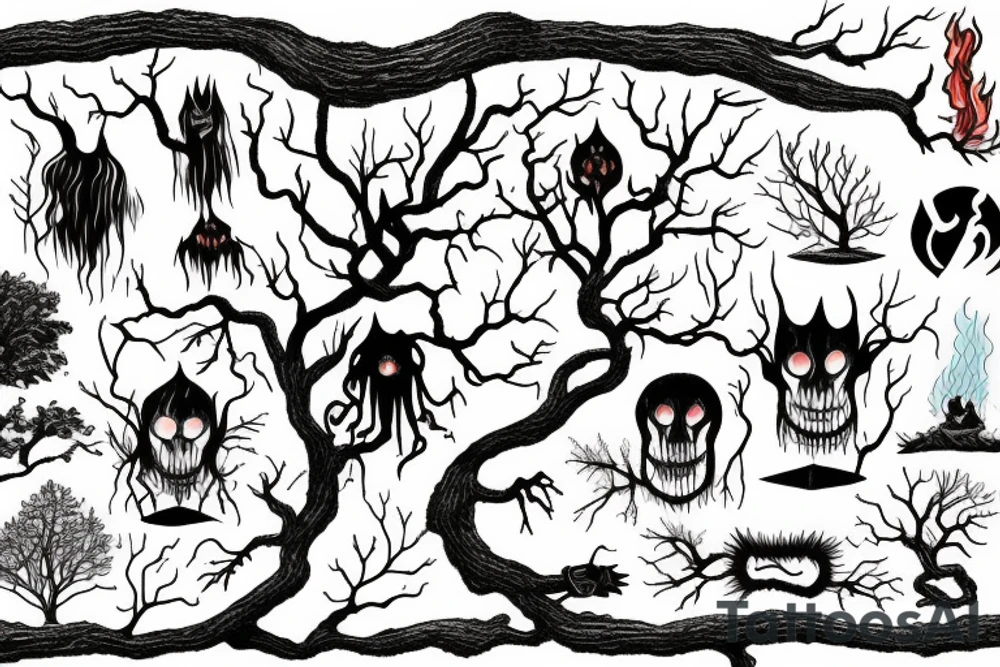 Sleepy hollow tree with fire and lightning tattoo idea