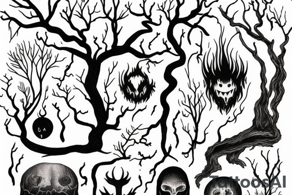 Sleepy hollow tree with fire and lightning tattoo idea