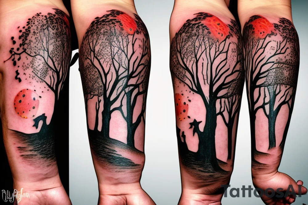 Sleepy hollow tree with fire and lightning tattoo idea