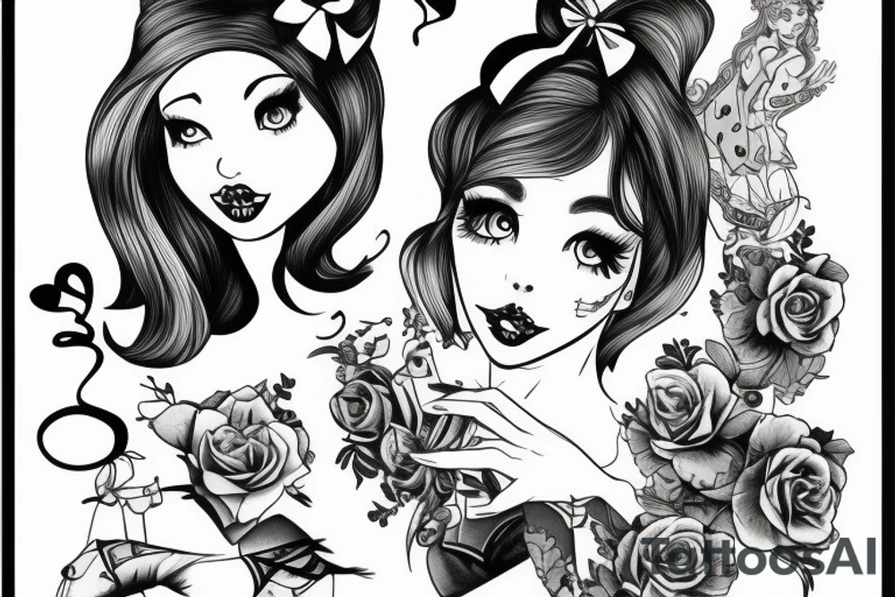 alice in wonderland naughty with ribbon in hair tattoo idea