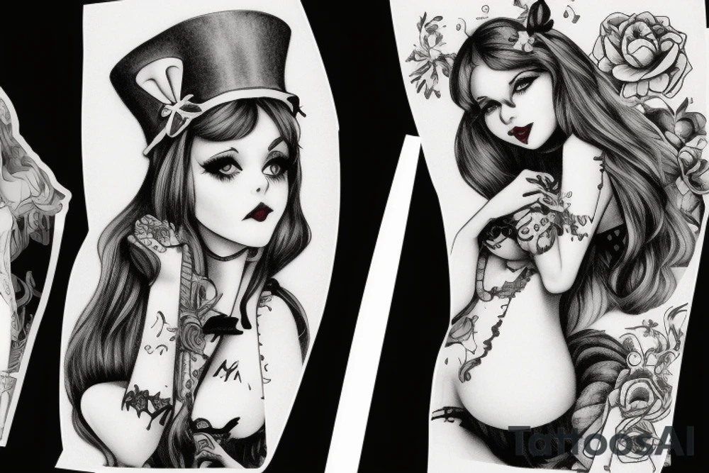alice in wonderland naughty with ribbon in hair tattoo idea