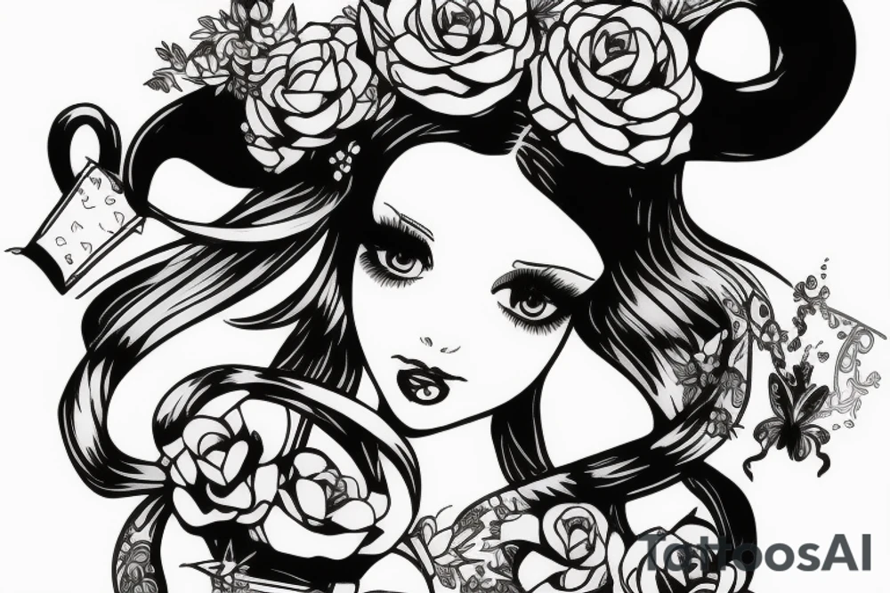 alice in wonderland naughty with ribbon in hair tattoo idea