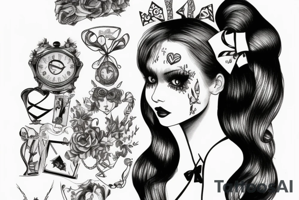 alice in wonderland naughty with ribbon in hair tattoo idea