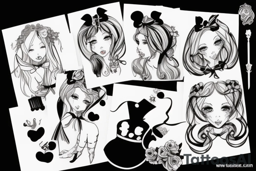 alice in wonderland naughty with ribbon in hair tattoo idea