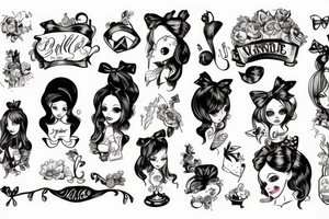 alice in wonderland naughty with ribbon in hair plus lettering we're all mad here tattoo idea