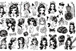 alice in wonderland naughty with ribbon in hair plus lettering we're all mad here tattoo idea