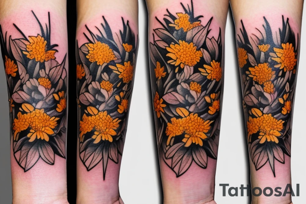 A bouquet of marigold,aster and chrysanthemums tattoo idea