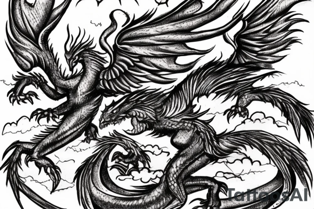 Dragon fighting a Phoenix with clouds or vortexes around tattoo idea
