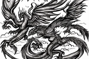 Dragon fighting a Phoenix with clouds or vortexes around tattoo idea