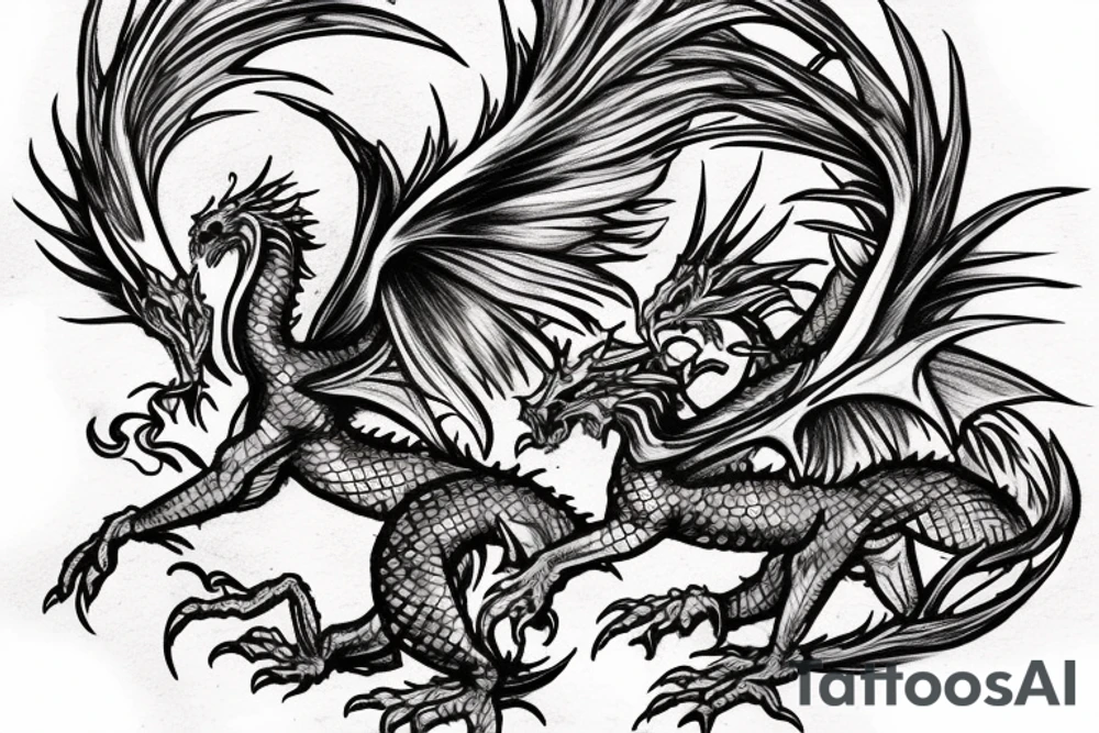 Dragon fighting a Phoenix with clouds or vortexes around tattoo idea