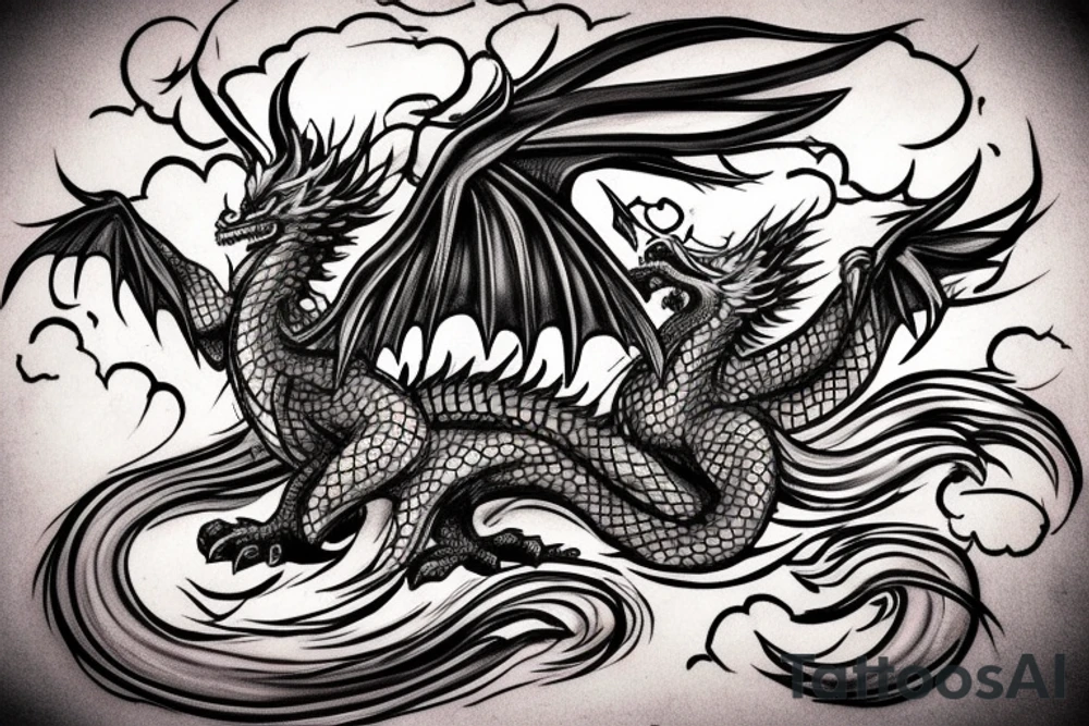 Dragon fighting a Phoenix with clouds or vortexes around tattoo idea