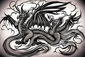 Dragon fighting a Phoenix with clouds or vortexes around tattoo idea