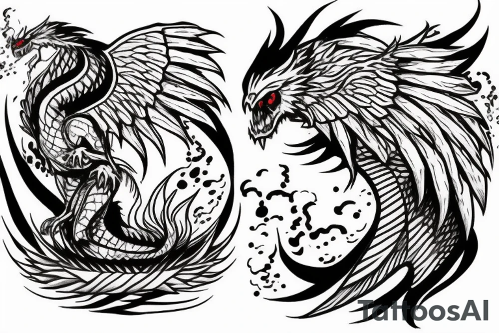 Dragon fighting a Phoenix with clouds or vortexes around tattoo idea