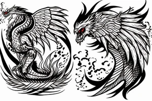 Dragon fighting a Phoenix with clouds or vortexes around tattoo idea