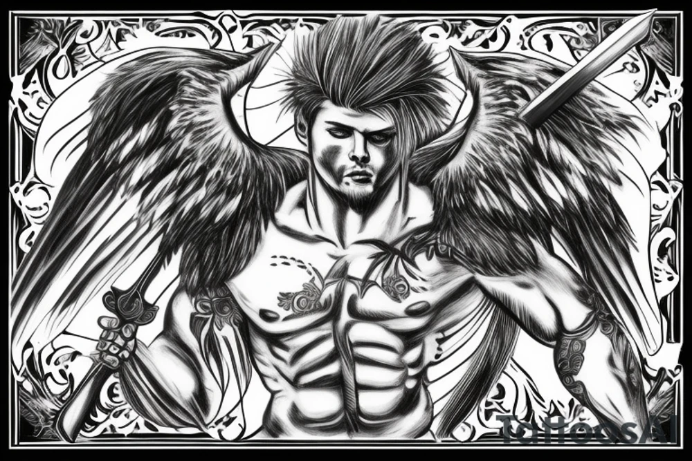 Mighty muscle male Angel with sword tattoo idea