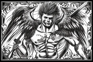 Mighty muscle male Angel with sword tattoo idea
