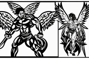 Mighty muscle male Angel with sword tattoo idea