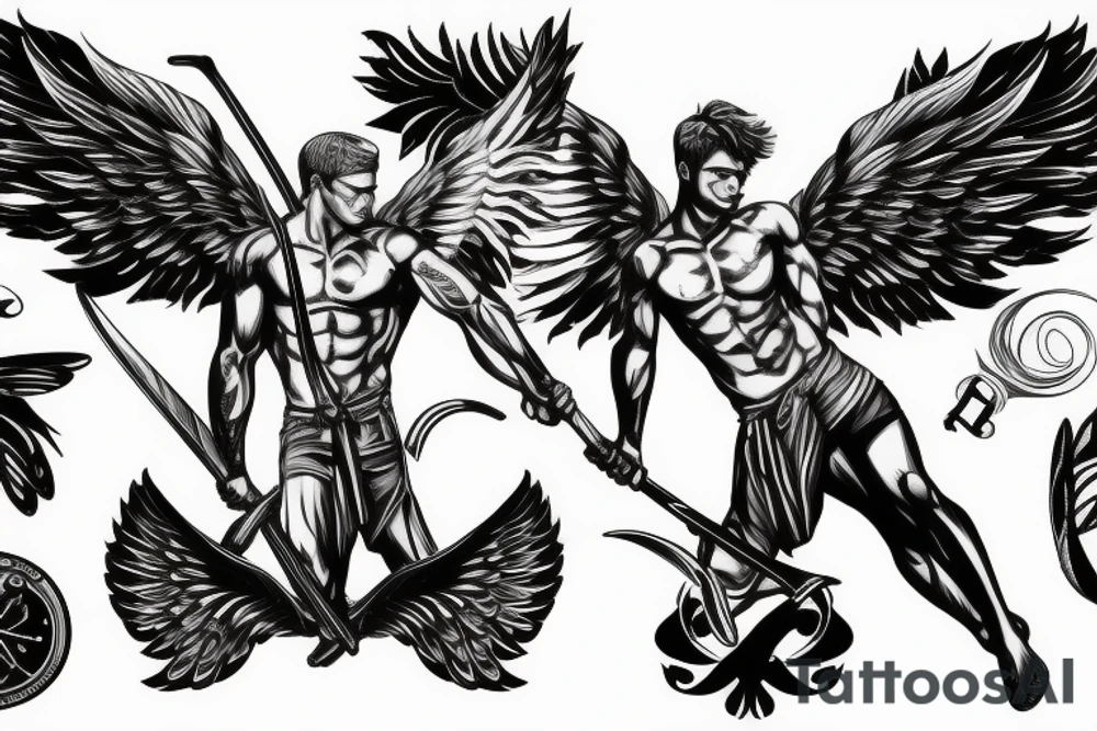 muscle male Angel with wings and sword tattoo idea