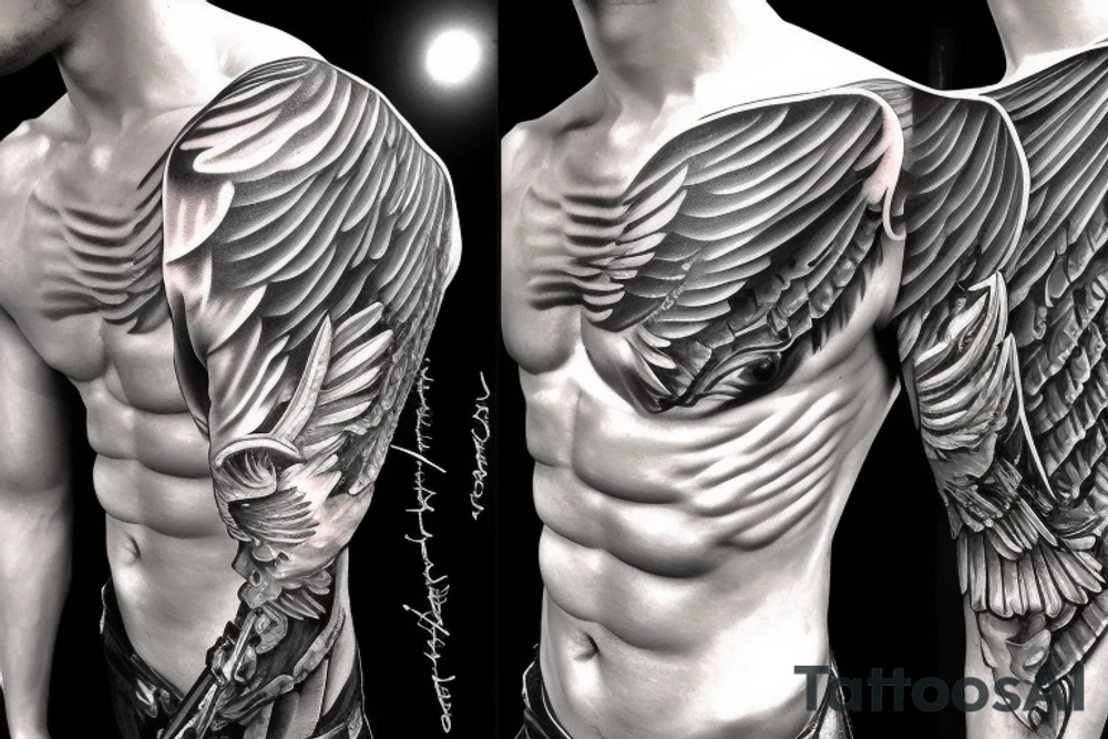 muscle male Angel with wings and sword tattoo idea