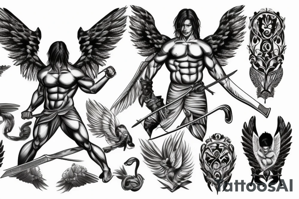 muscle male Angel with wings and sword tattoo idea