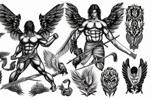 muscle male Angel with wings and sword tattoo idea
