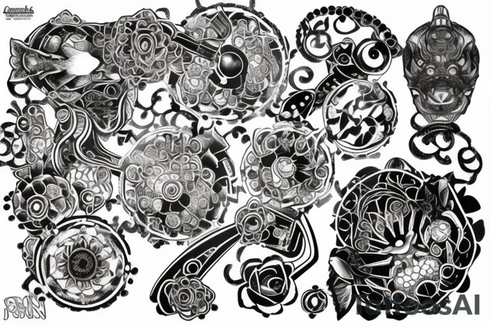 kois with japanese circle around amd Lotus flower in trash polka style tattoo idea