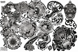 kois with japanese circle around amd Lotus flower in trash polka style tattoo idea