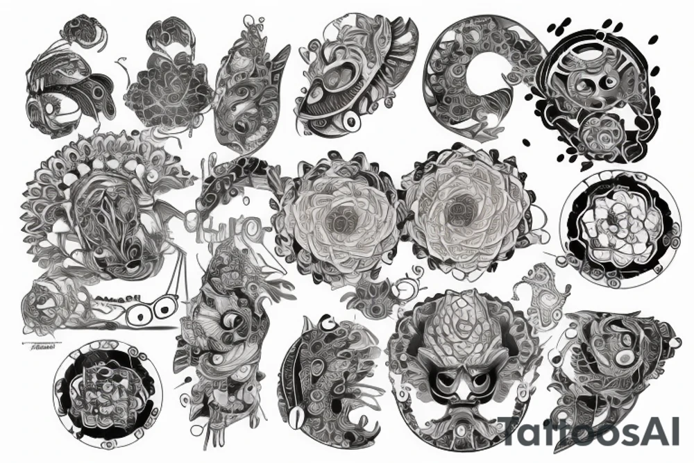 kois with japanese circle around amd Lotus flower in trash polka style tattoo idea