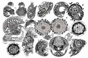 kois with japanese circle around amd Lotus flower in trash polka style tattoo idea