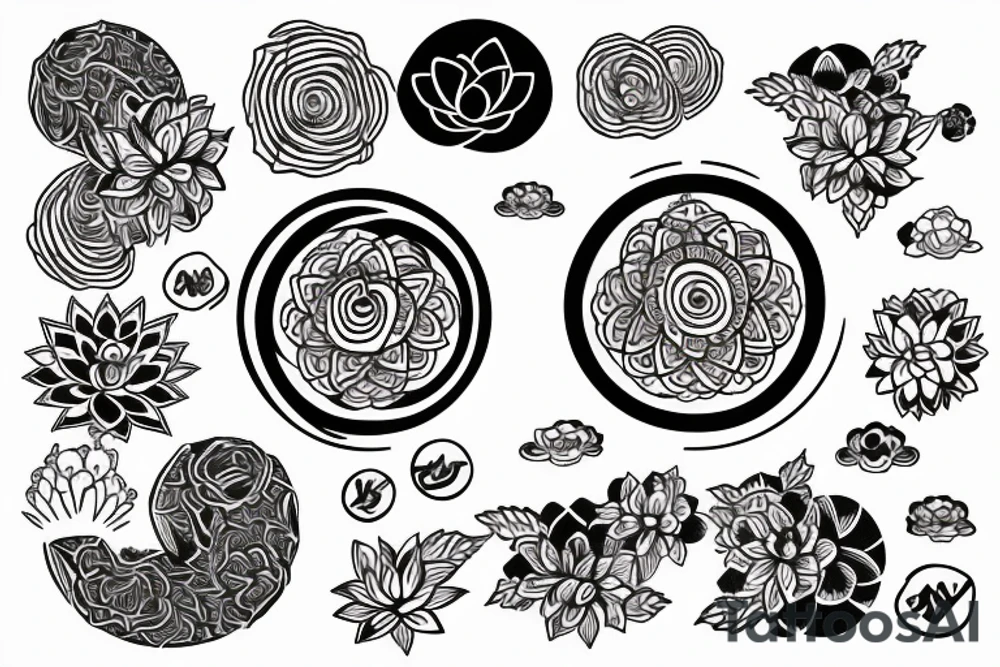 kois with japanese circle around amd Lotus flower in trash polka style tattoo idea