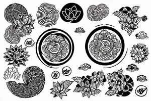 kois with japanese circle around amd Lotus flower in trash polka style tattoo idea