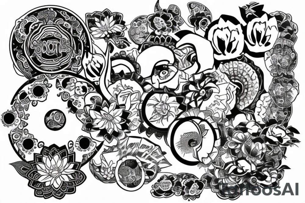 kois with japanese circle around amd Lotus flower in trash polka style tattoo idea