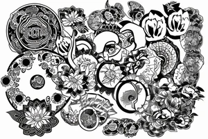 kois with japanese circle around amd Lotus flower in trash polka style tattoo idea