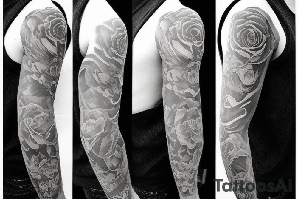 Full sleeve.
Thoughtful and depressed with musical ideas and a rose and something like a big feather or bird. tattoo idea