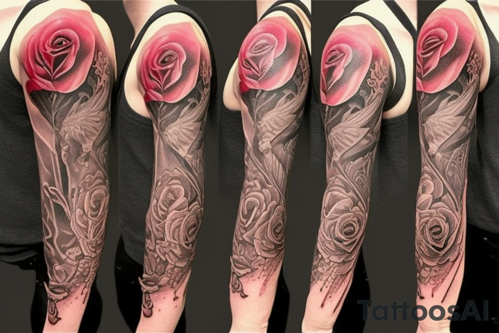 Full sleeve.
Rose, feather, music, stairs, unique and thoughtful tattoo idea