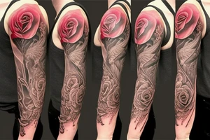 Full sleeve.
Rose, feather, music, stairs, unique and thoughtful tattoo idea