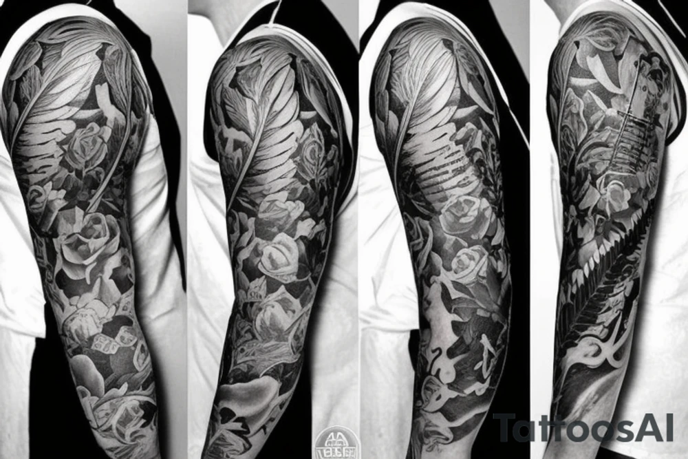 Full sleeve.
Rose, feather, music, stairs, unique and thoughtful tattoo idea