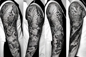 Full sleeve.
Rose, feather, music, stairs, unique and thoughtful tattoo idea