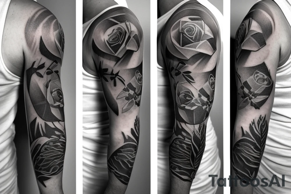 Full sleeve.
Rose, feather, music, stairs, unique and thoughtful tattoo idea