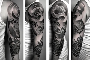 Full sleeve.
Rose, feather, music, stairs, unique and thoughtful tattoo idea
