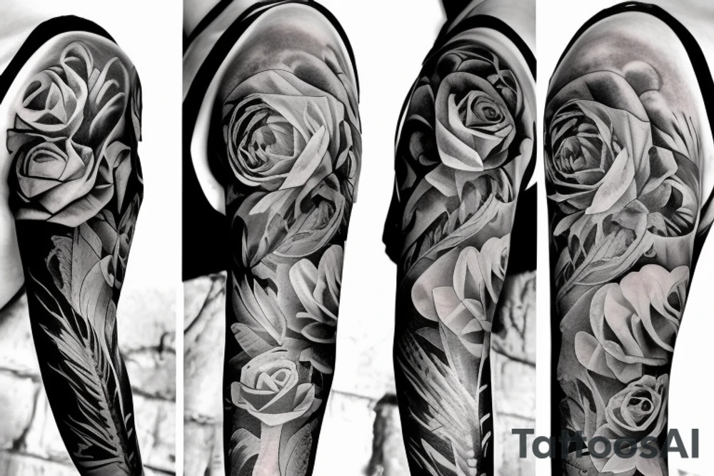 Full sleeve.
Rose, feather, music, stairs, unique and thoughtful tattoo idea