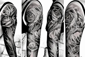 Full sleeve.
Rose, feather, music, stairs, unique and thoughtful tattoo idea