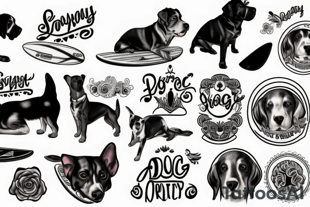 A dog sitting on a surfboard tattoo idea