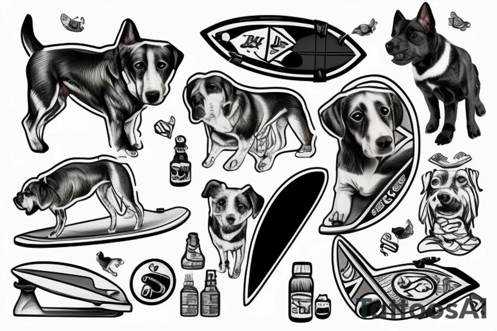 A dog sitting on a surfboard tattoo idea