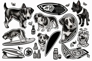 A dog sitting on a surfboard tattoo idea