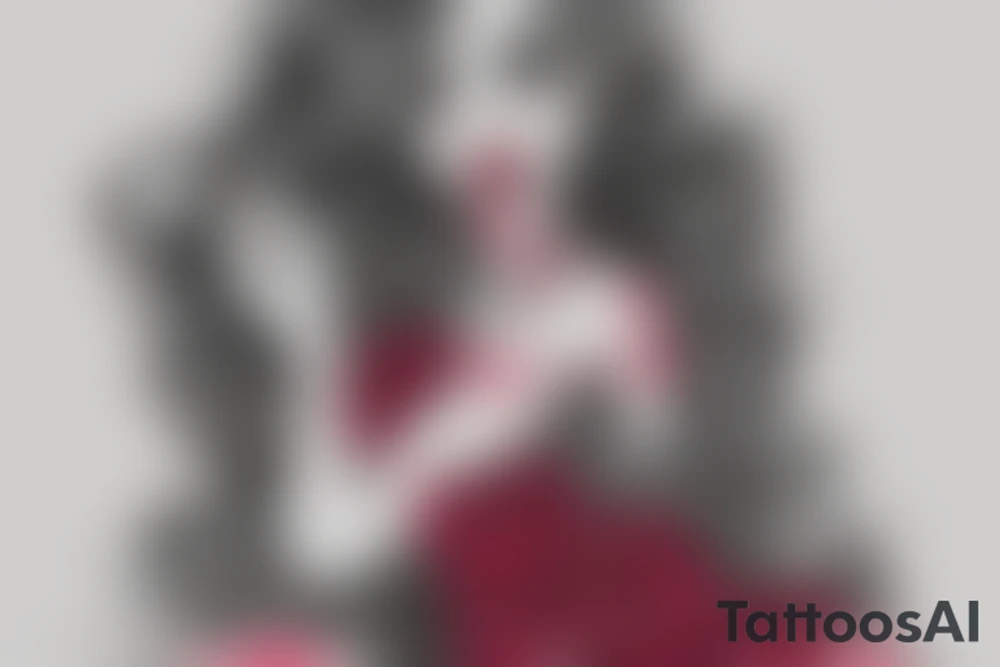 Woman sitting, one arm crossed over, dress with roses print, long blond hair, red lipstick tattoo idea