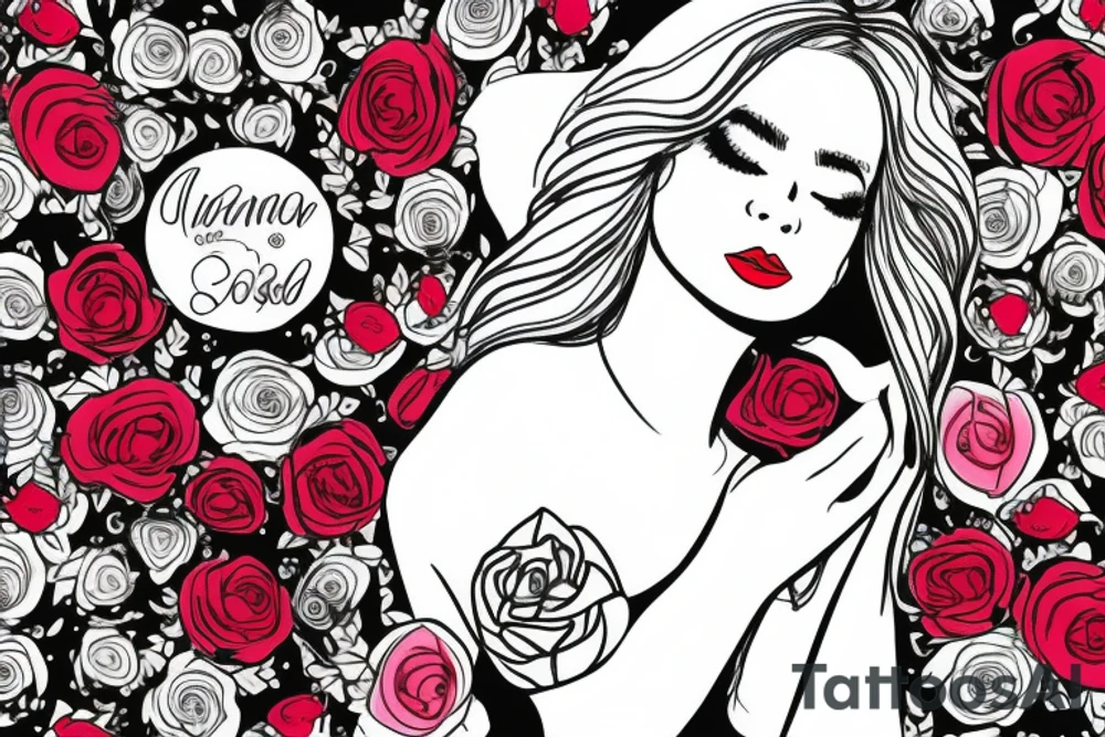 Woman sitting, one arm crossed over, dress with roses print, long blond hair, red lipstick tattoo idea