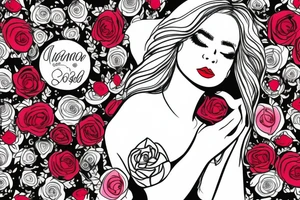 Woman sitting, one arm crossed over, dress with roses print, long blond hair, red lipstick tattoo idea