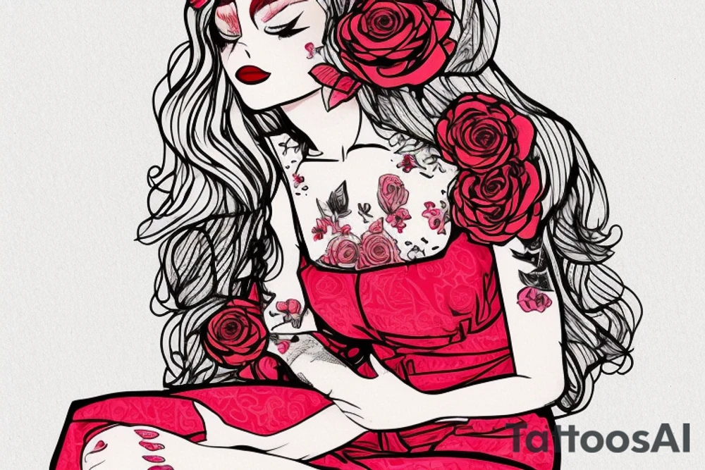 Woman sitting, one arm crossed over, dress with roses print, long blond hair, red lipstick tattoo idea