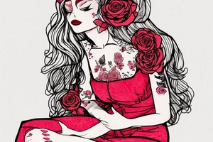 Woman sitting, one arm crossed over, dress with roses print, long blond hair, red lipstick tattoo idea